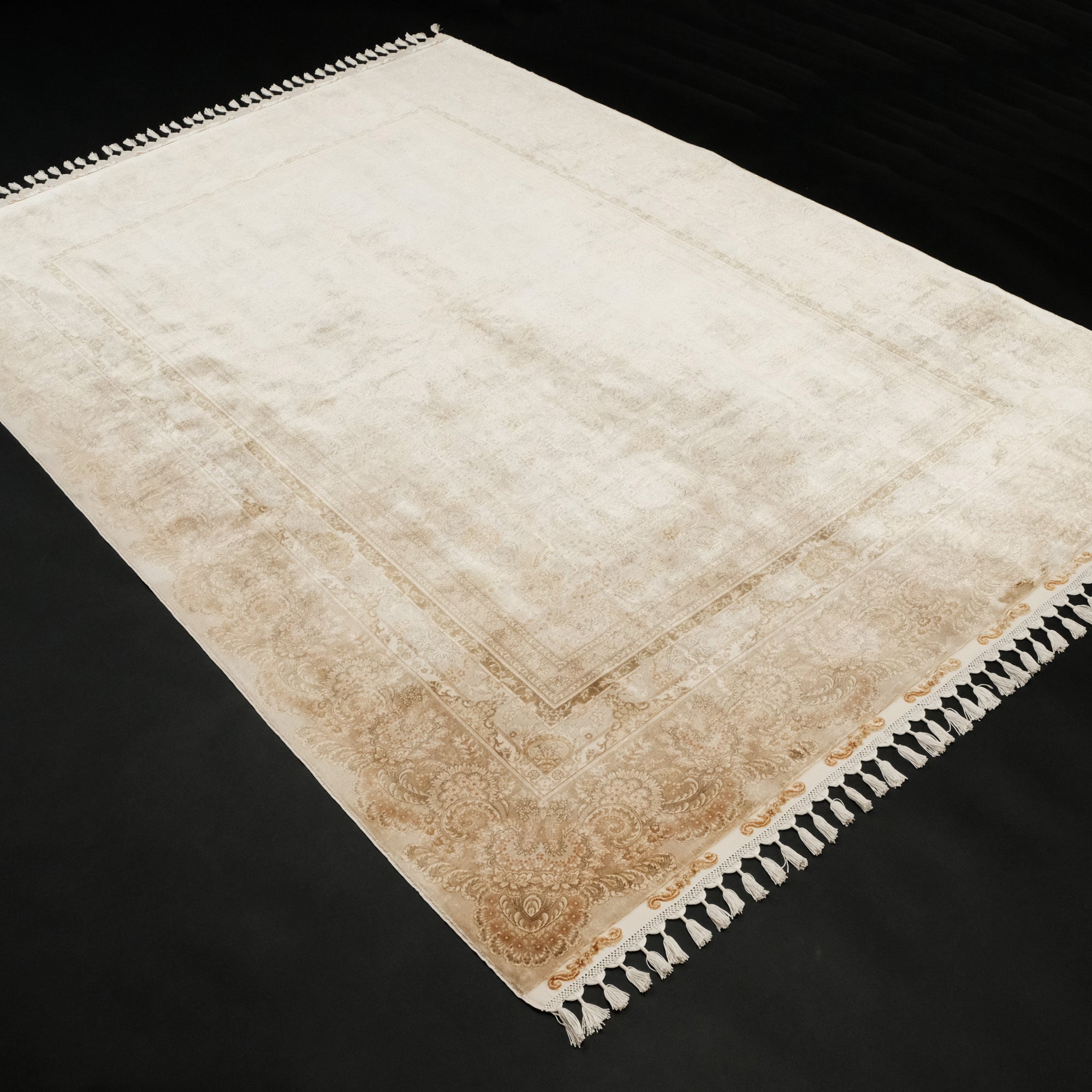 Almond Patterned Hand Woven Beige Silk Carpet