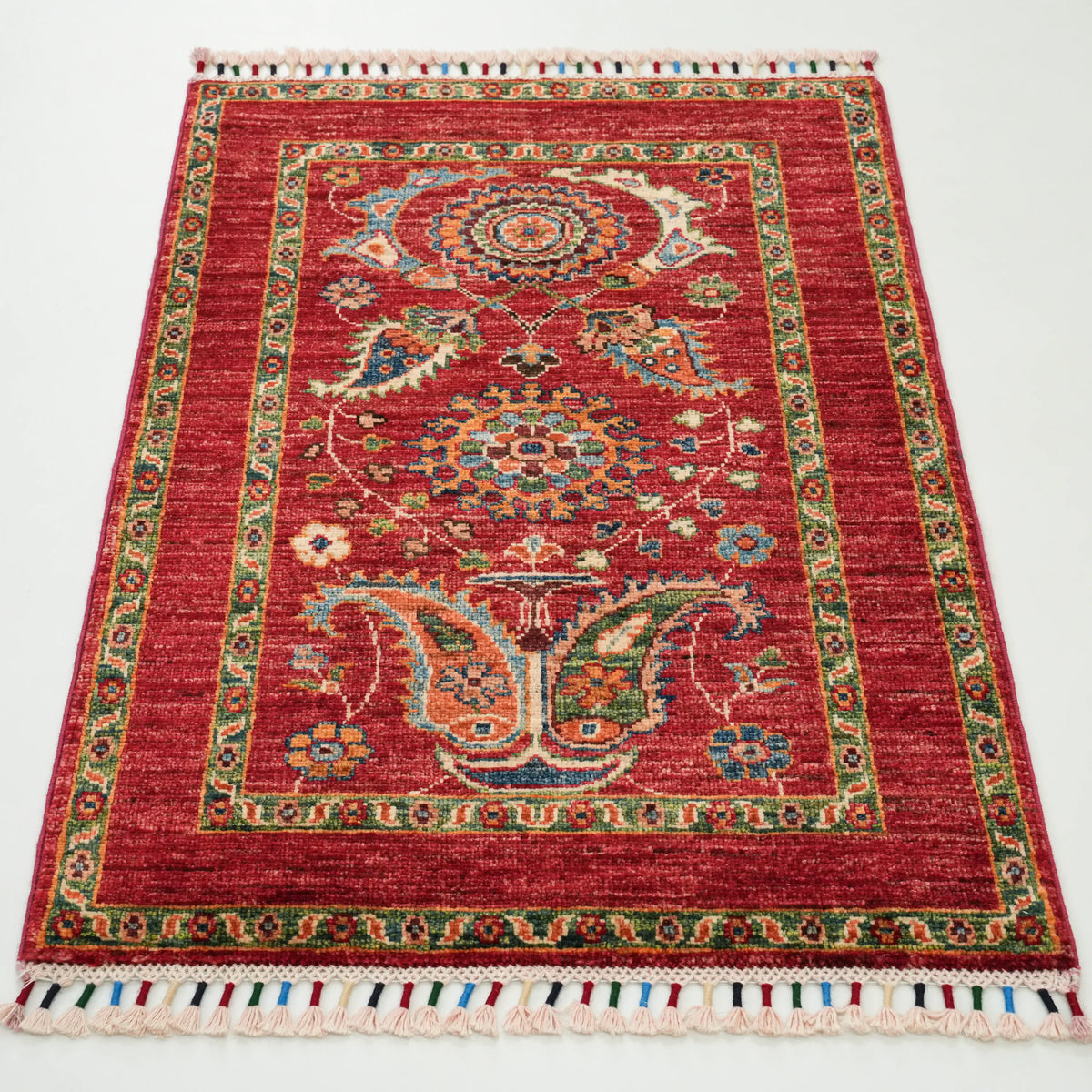 Red Oushak-Pattern Hand-Knotted Wool Rug, Şahzade Series — 61x91, 62x90 cm