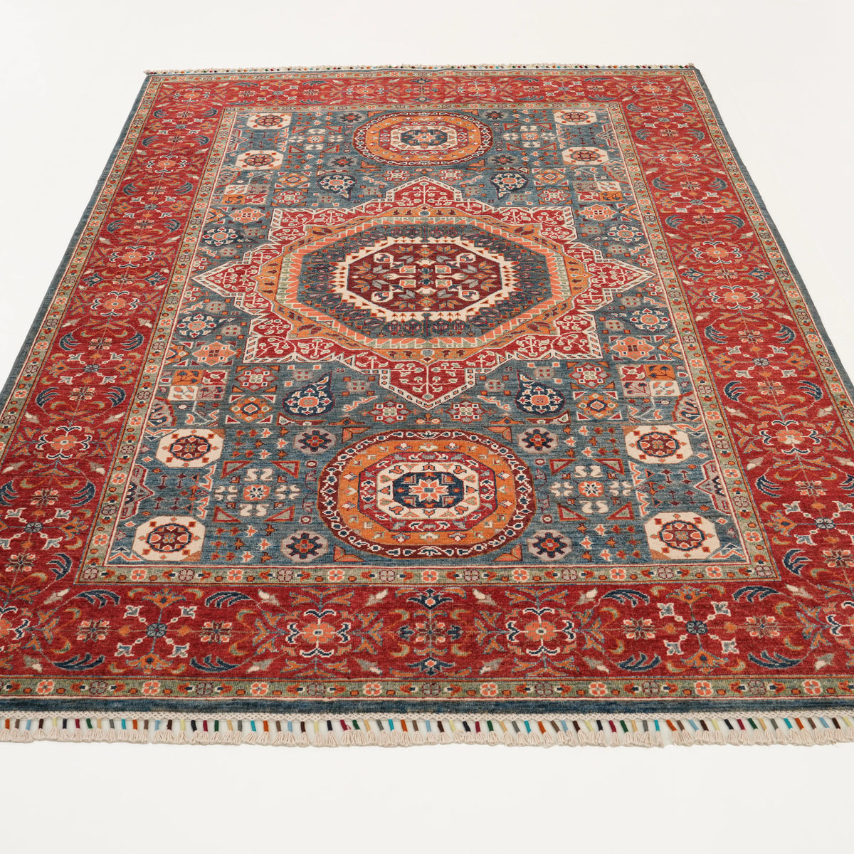 Şahzade Serisi El Dokuma Memlük Desenli Mavi Yün Halı — 174x250 cm