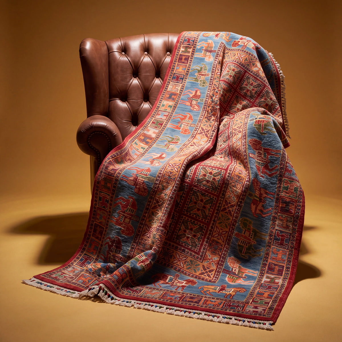 Şahzade Series blue-and-red patterned rug — draped over a leather armchair against a yellow backdrop