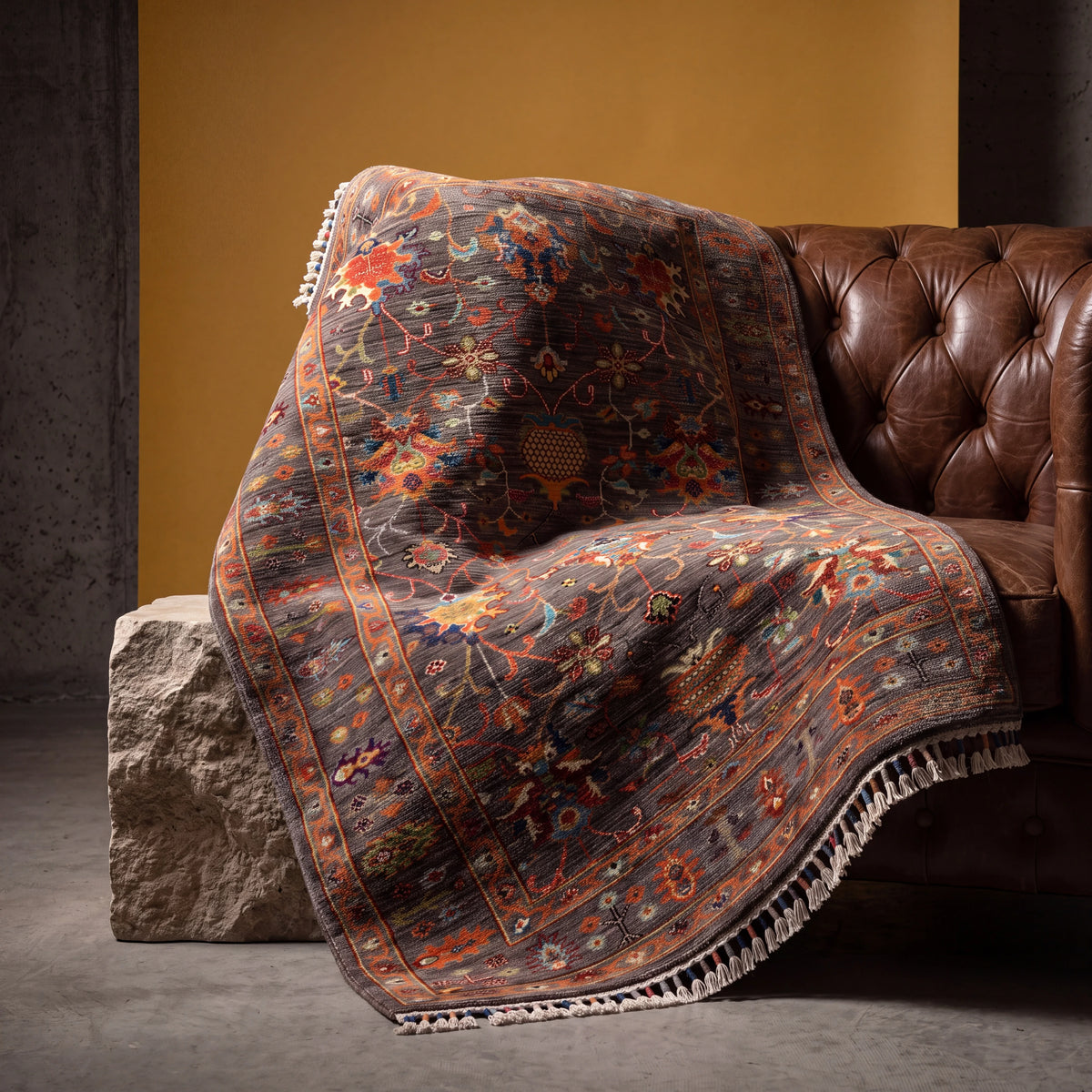 Şahzade Series gray flower-patterned rug — over a stone block by a leather armchair, mustard wall
