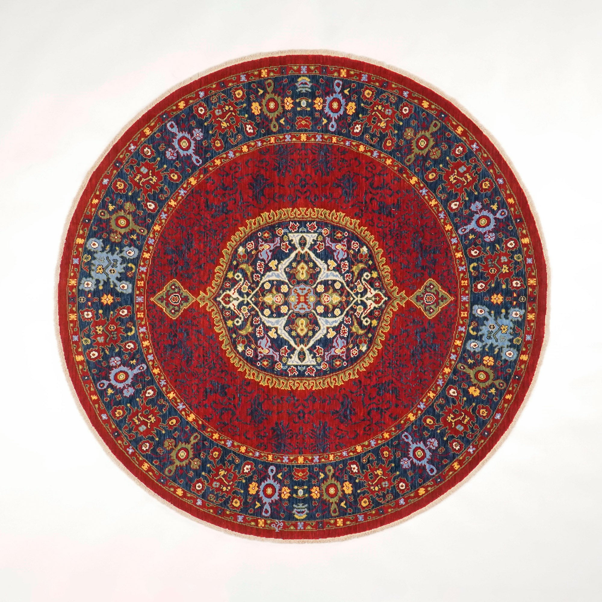 Tempus Serisi Madalyon Desenli Kırmızı Yuvarlak Yün Tezgah Dokuma Halı