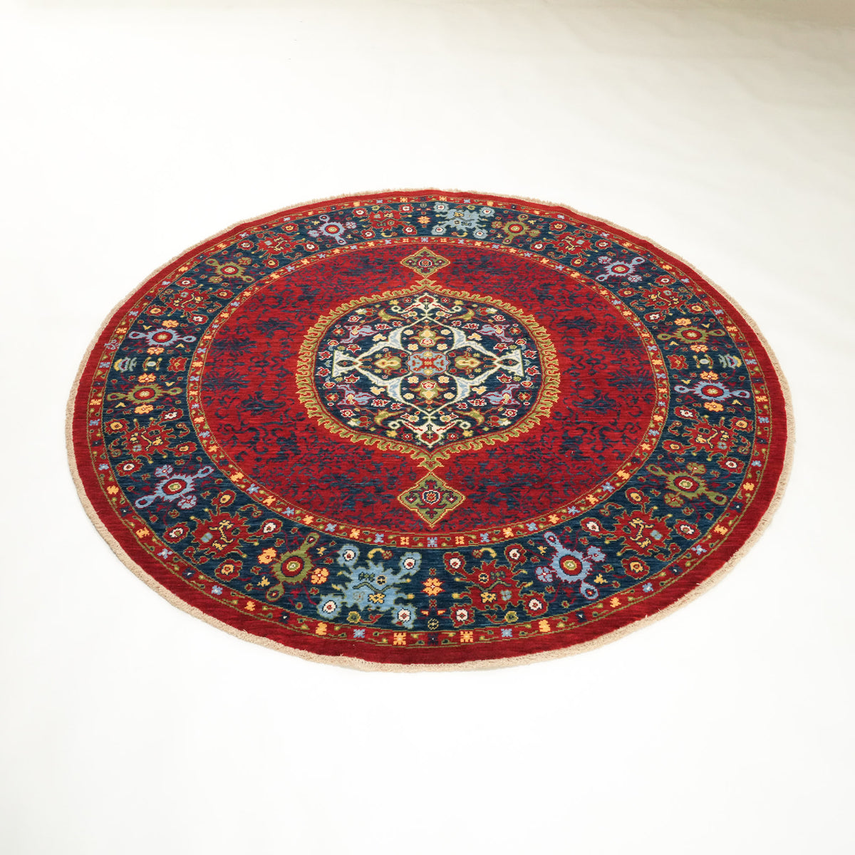Tempus serisi madalyon desenli yuvarlak yün tezgah dokuma halı, kırmızı, 200x200 cm — Halıcızade