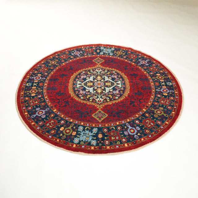 Tempus serisi madalyon desenli yuvarlak yün tezgah dokuma halı, kırmızı, 200x200 cm — Halıcızade
