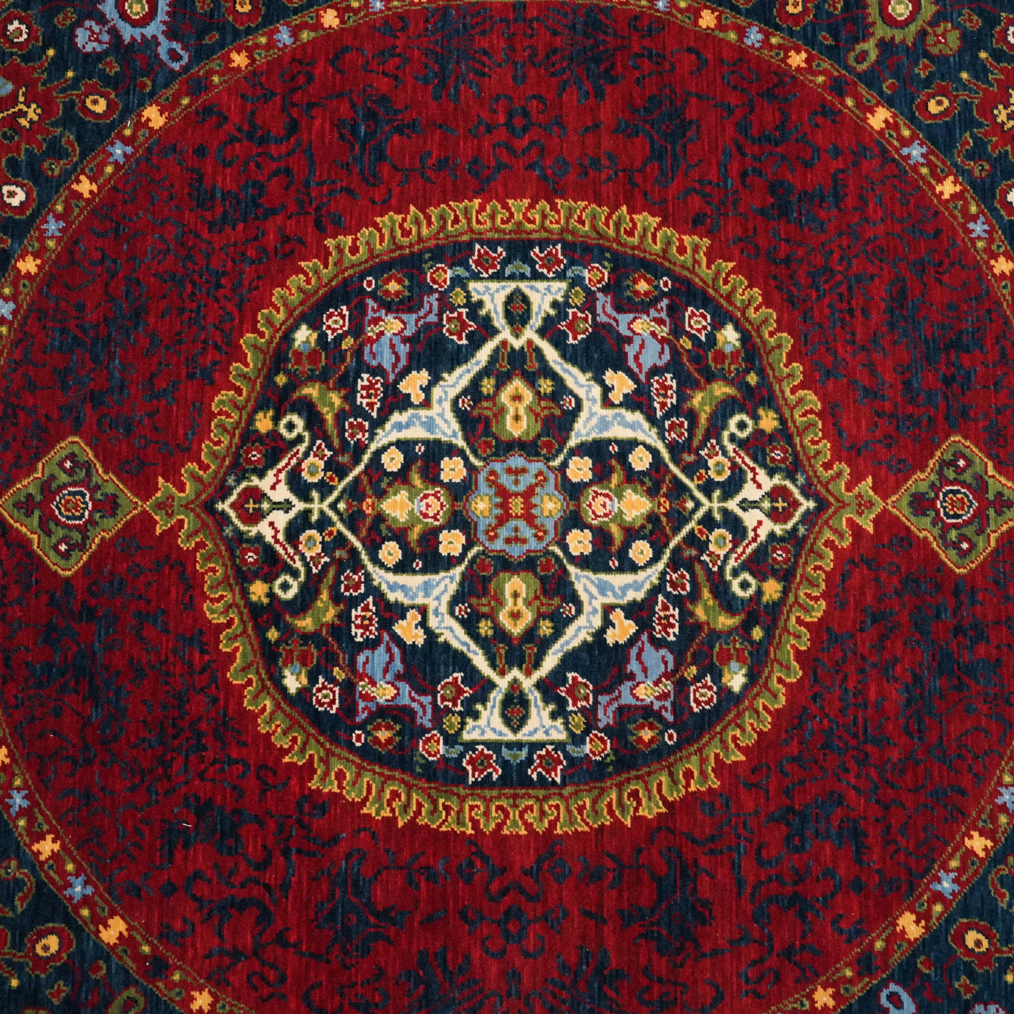 Tempus Serisi Madalyon Desenli Kırmızı Yuvarlak Yün Tezgah Dokuma Halı