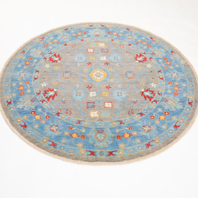 Tempus Serisi Uşak Desenli Gri/Mavi Yün Yuvarlak Tezgah Dokuma Halı, 160x160 – 200x200 cm — Halıcızade