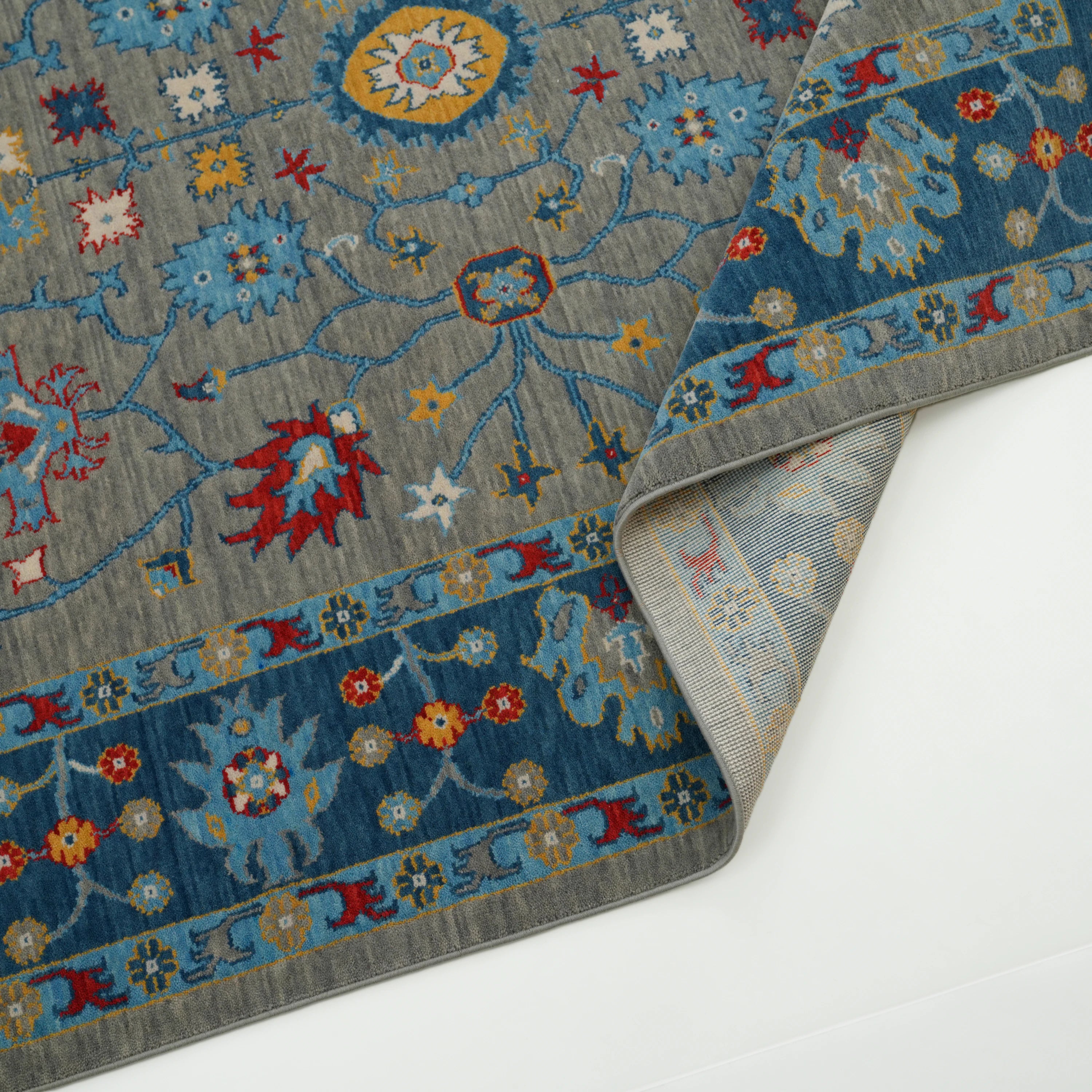 Tempus Series Uşak Patterned Blue-Gray Wool Loom Woven Rug
