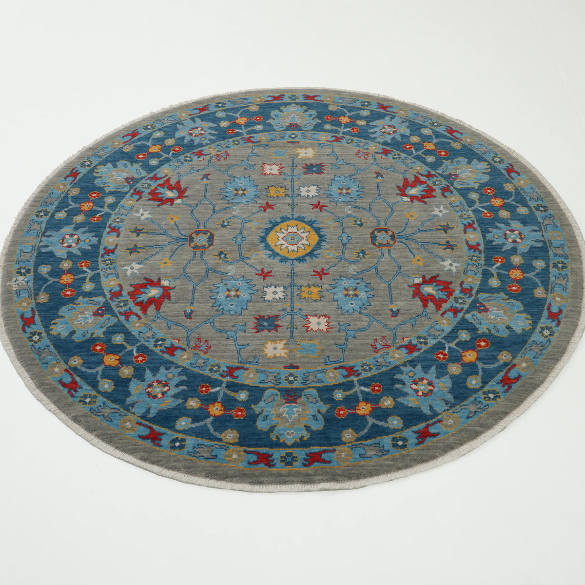 Tempus Serisi Uşak Desenli Mavi-Gri Yün Tezgah Dokuma Yuvarlak Halı, 120x120 – 160x160 cm — Halıcızade