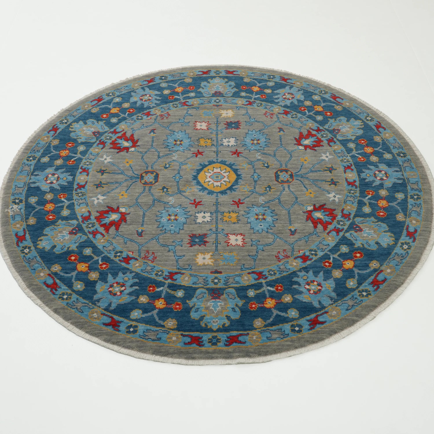 Tempus Serisi Uşak Desenli Mavi-Gri Yün Tezgah Dokuma Yuvarlak Halı, 120x120 – 160x160 cm — Halıcızade