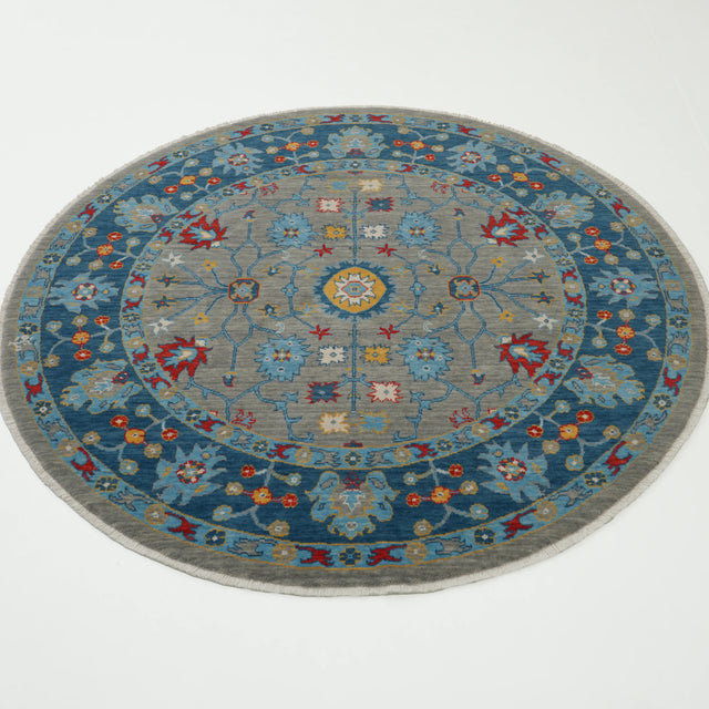 Tempus Serisi Uşak Desenli Mavi-Gri Yün Tezgah Dokuma Yuvarlak Halı, 120x120 – 160x160 cm — Halıcızade