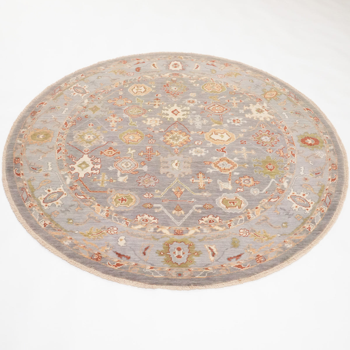 Tempus Serisi Uşak Desenli Yün Gri Bej Yuvarlak Tezgah Dokuma Halı, 160x160 – 200x200 cm — Halıcızade