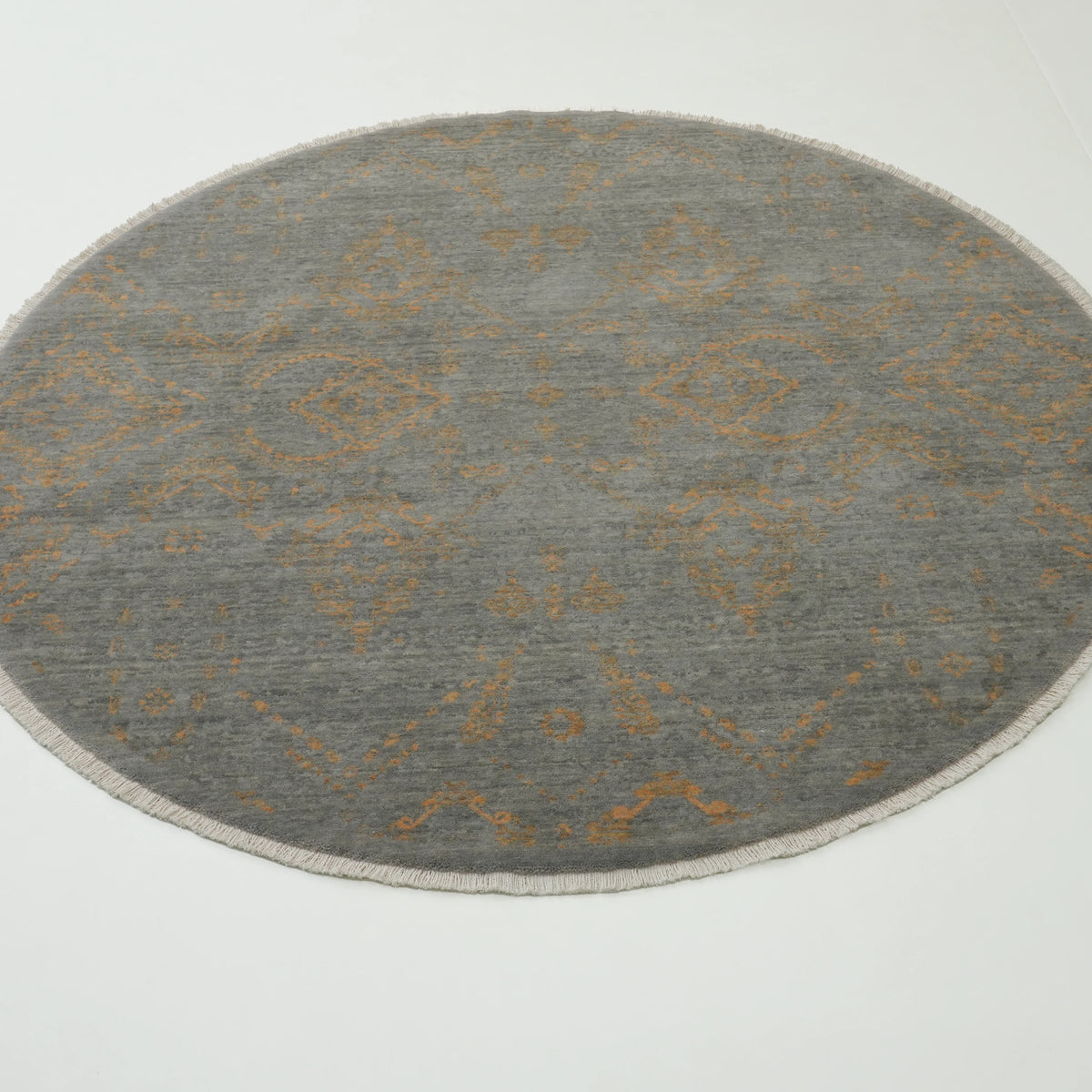 Tempus Serisi Vintage Desenli Gri Yün Tezgah Dokuma Yuvarlak Halı, 160x160 – 200x200 cm — Halıcızade