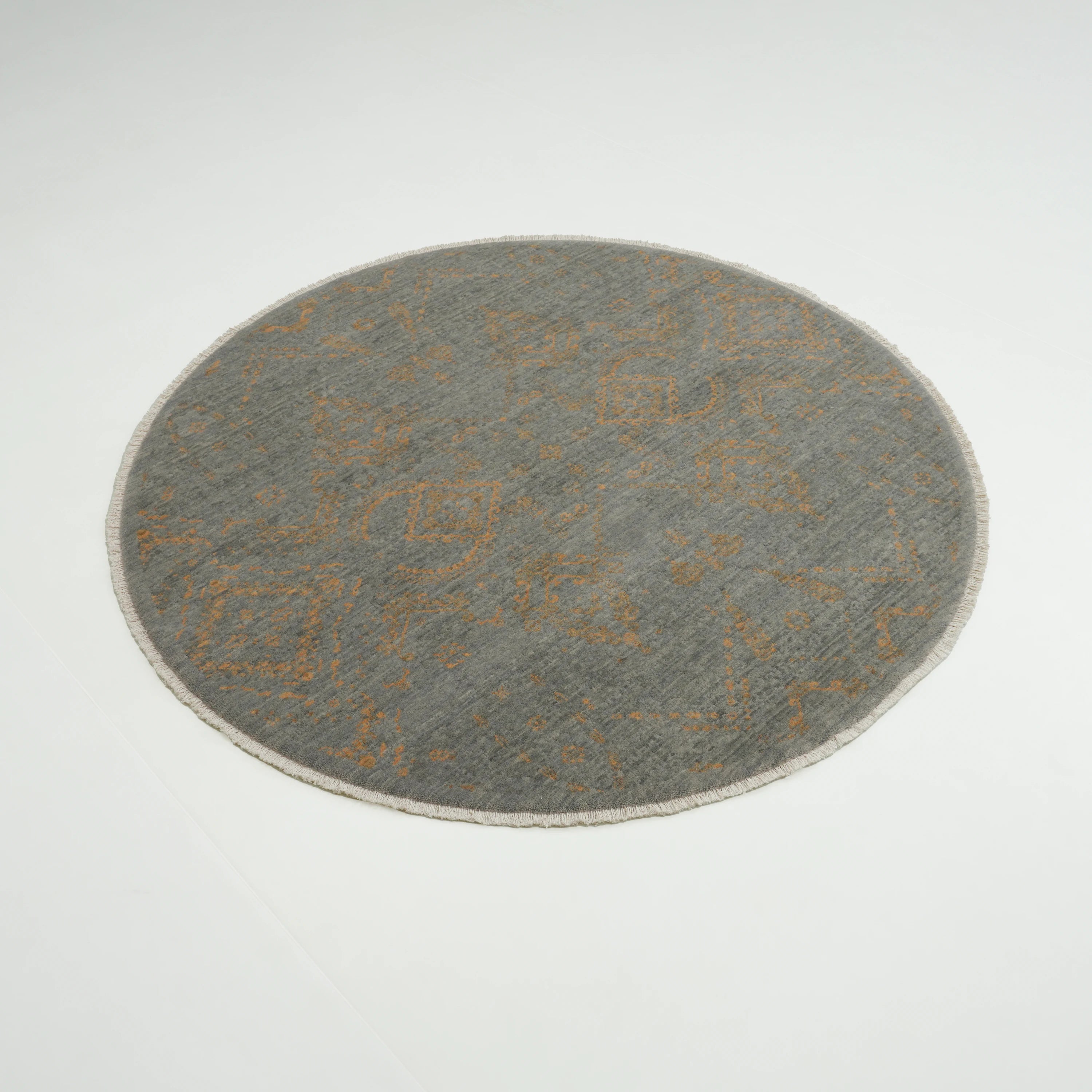 Tempus Serisi Vintage Desenli Gri Yün Tezgah Dokuma Yuvarlak Halı