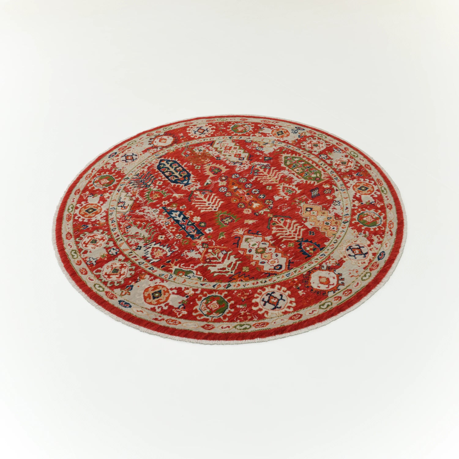 Tempus Serisi Vintage Desenli Kırmızı Yün Tezgah Dokuma Yuvarlak Halı, 160x160 – 200x200 cm — Halıcızade