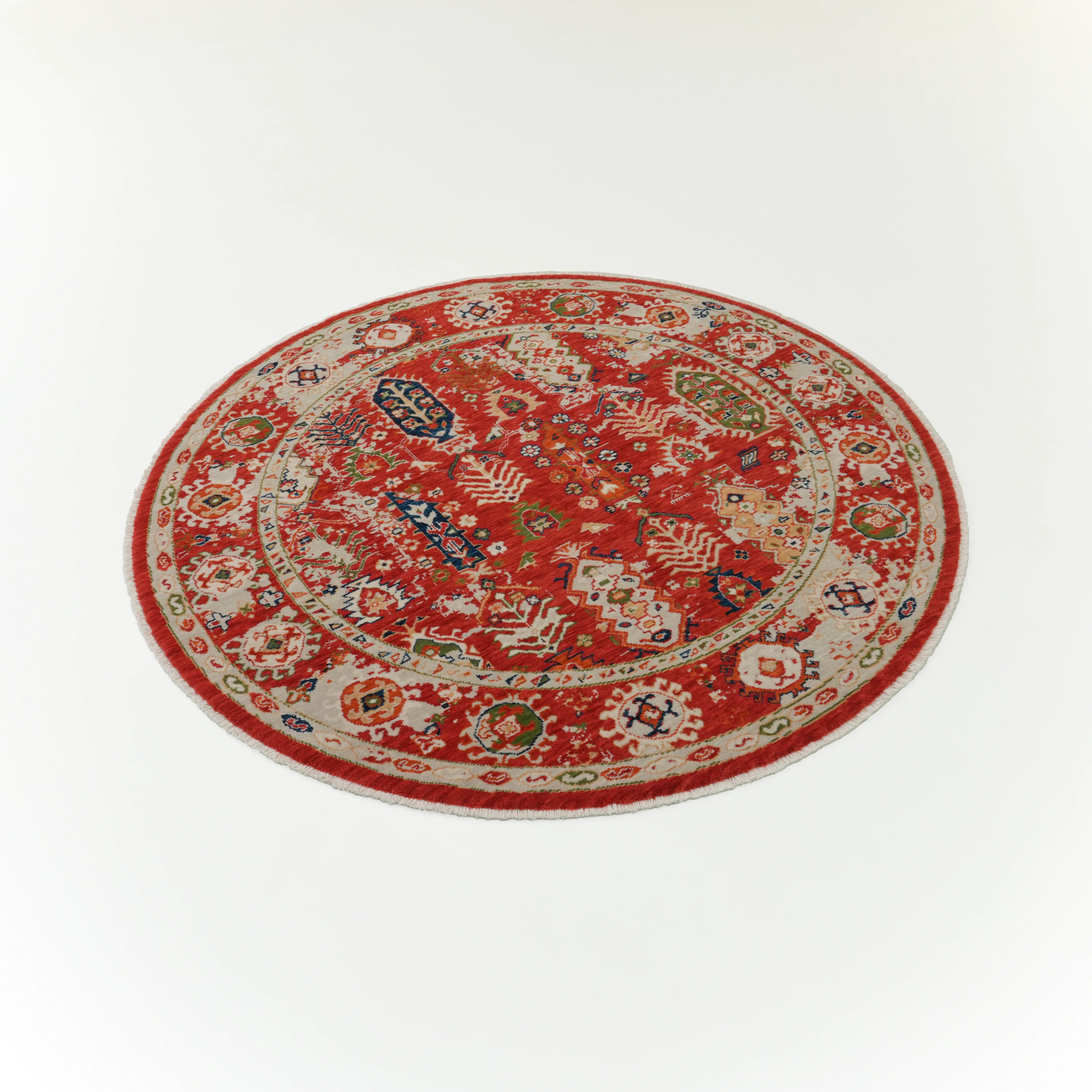 Tempus Serisi Vintage Desenli Kırmızı Yün Tezgah Dokuma Yuvarlak Halı