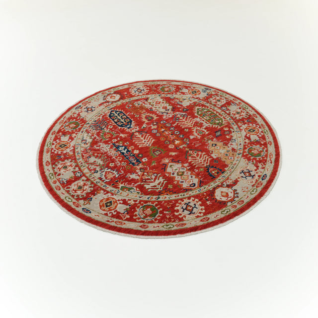 Tempus Serisi Vintage Desenli Kırmızı Yün Tezgah Dokuma Yuvarlak Halı, 160x160 – 200x200 cm — Halıcızade