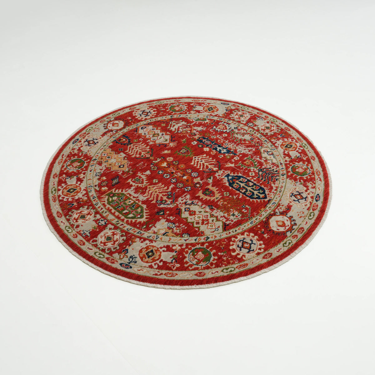 Tempus Serisi Vintage Desenli Kırmızı Yün Tezgah Dokuma Yuvarlak Halı — 160x160, 200x200 cm