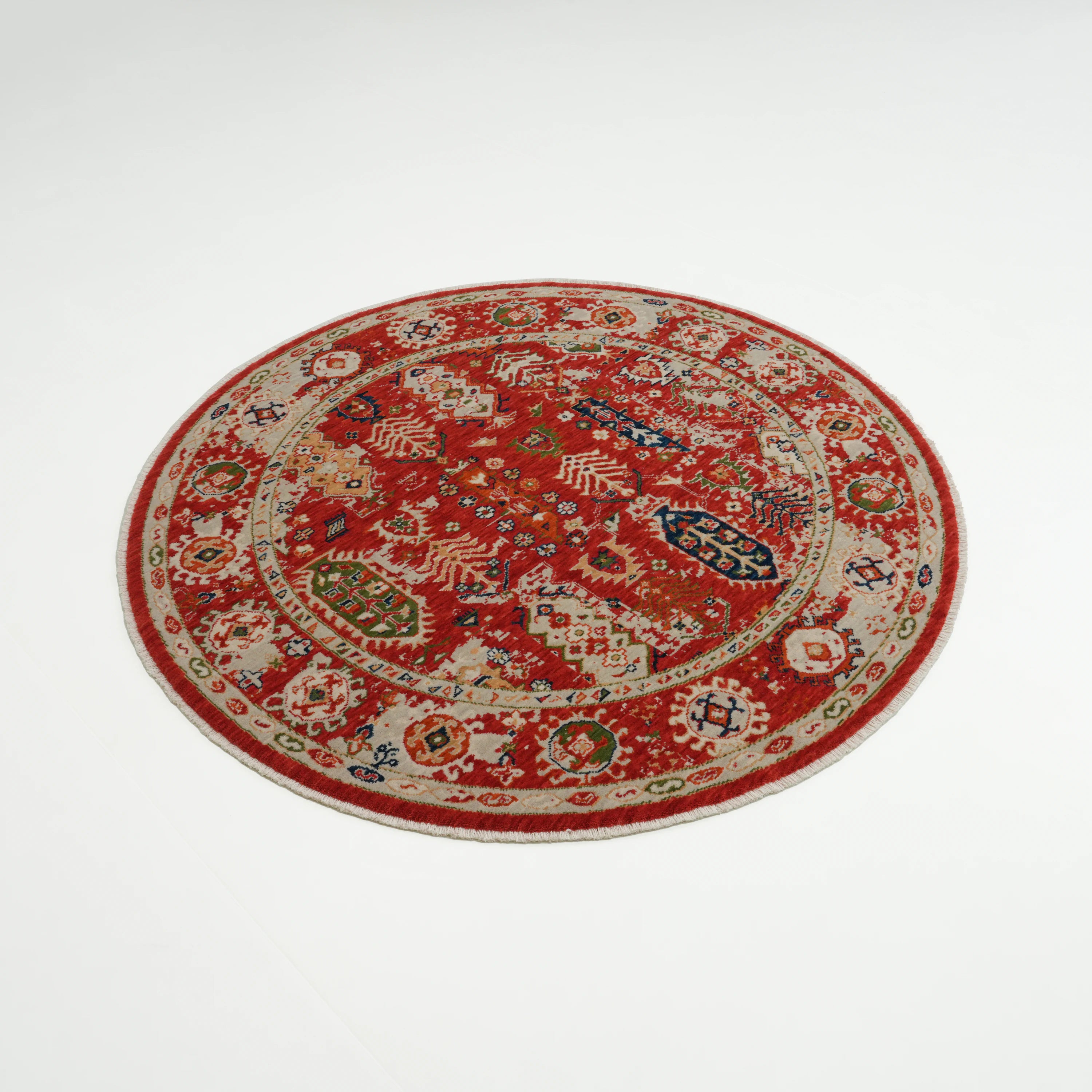 Tempus Serisi Vintage Desenli Kırmızı Yün Tezgah Dokuma Yuvarlak Halı