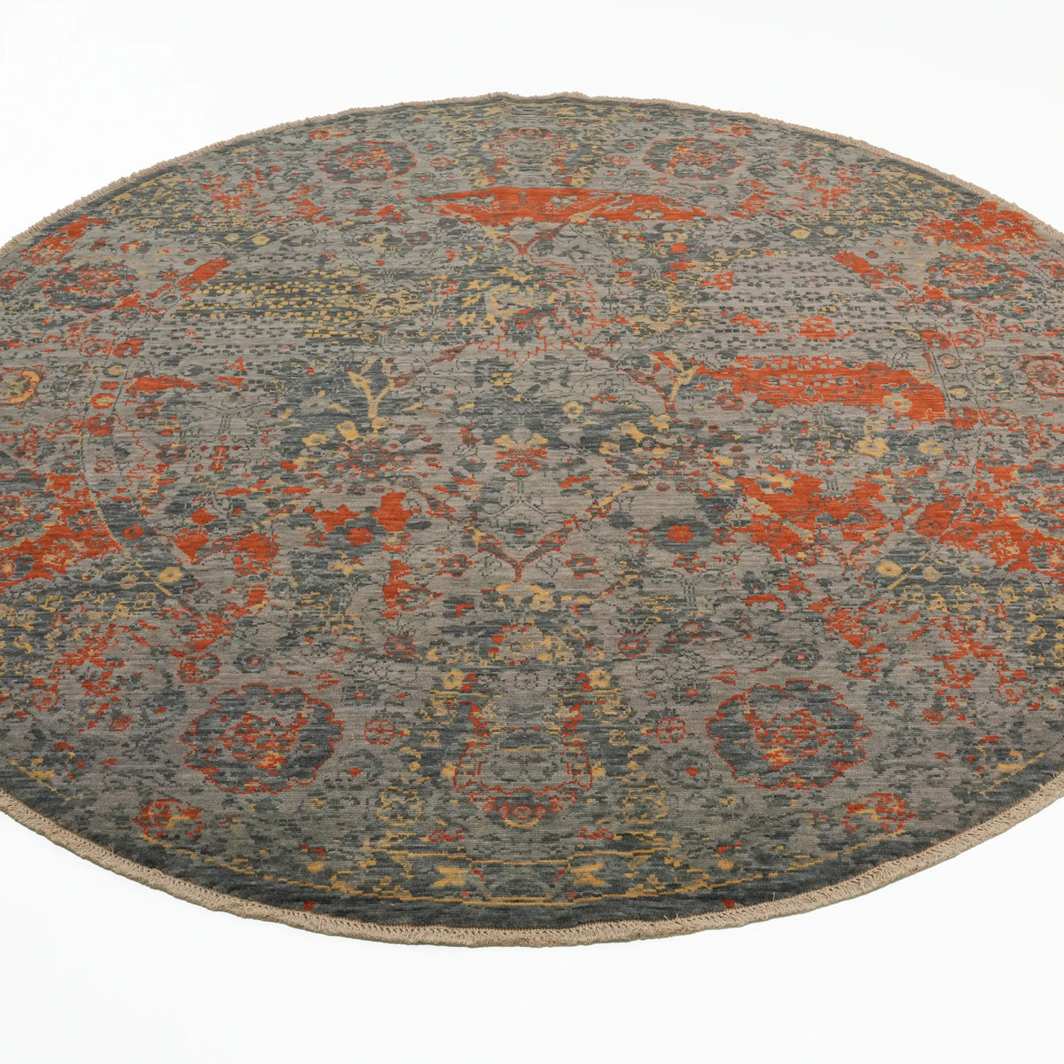 Tempus Serisi Vintage Desenli Yün Gri/Turuncu Yuvarlak Tezgah Dokuma Halı — 120x120, 160x160, 200x200 cm