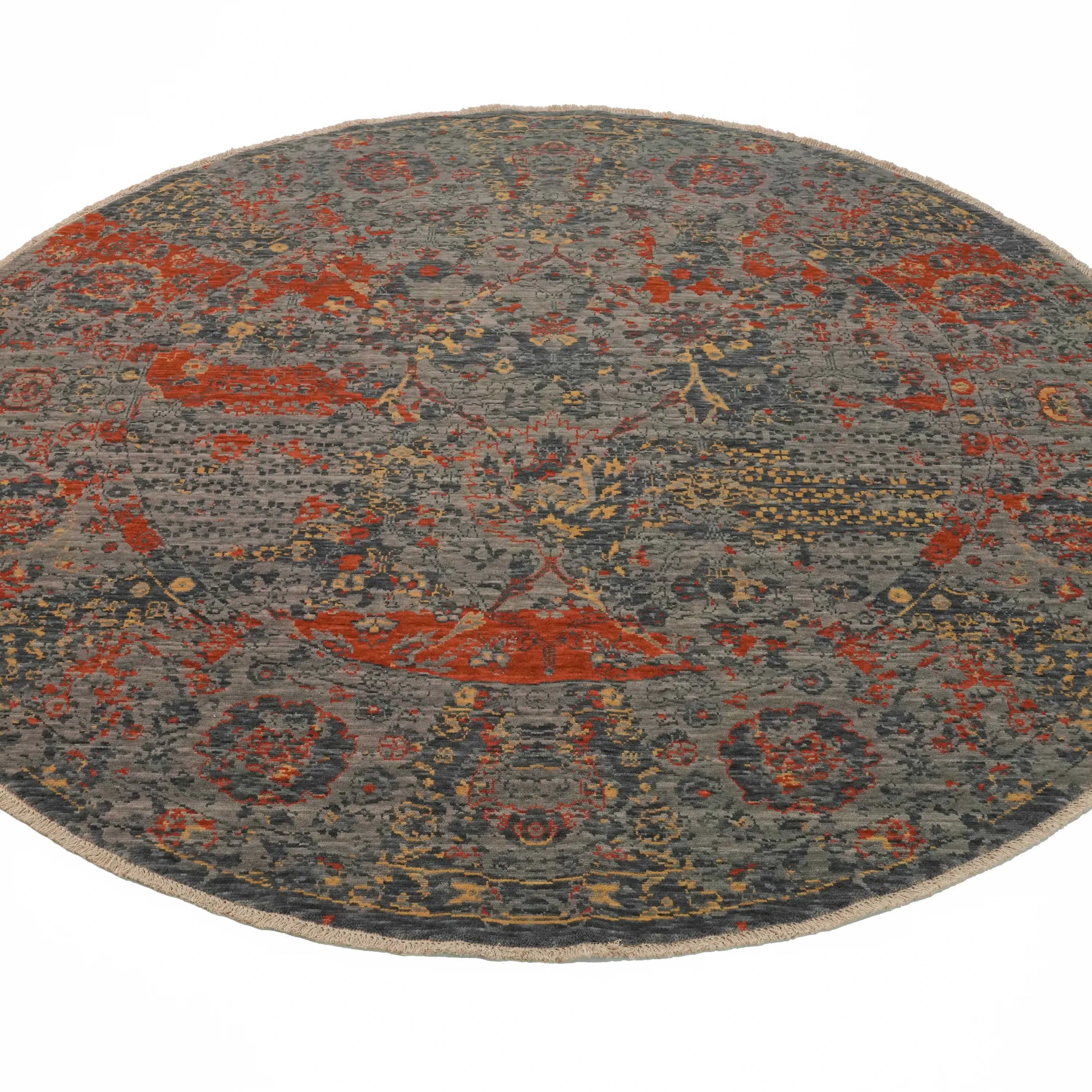 Tempus Series Vintage Patterned Wool Gray/Orange Round Special Loom Carpet