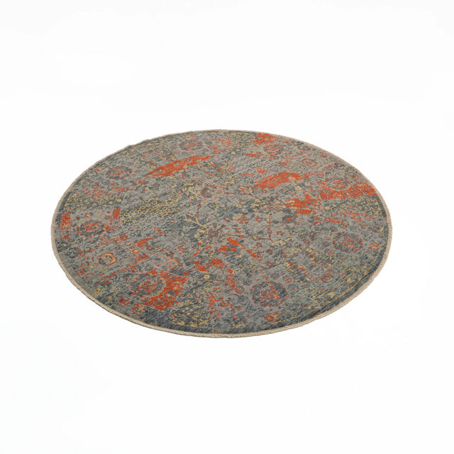 Tempus Serisi Vintage Desenli Yün Gri/Turuncu Yuvarlak Tezgah Dokuma Halı, 120x120 – 200x200 cm — Halıcızade