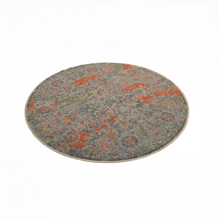 Tempus Serisi Vintage Desenli Yün Gri/Turuncu Yuvarlak Tezgah Dokuma Halı, 120x120 – 200x200 cm — Halıcızade