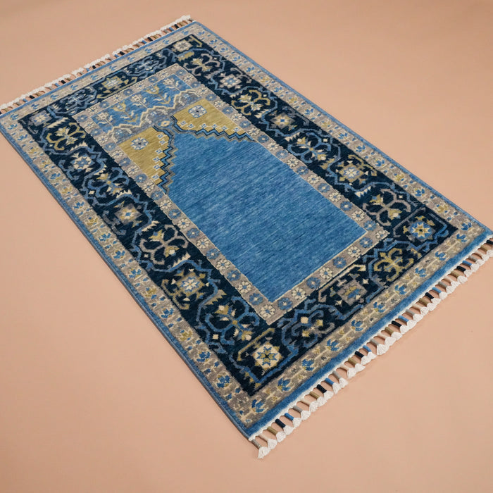 Tezgah Dokuma Yün Mavi Seccade Halı, 80x130 cm — Halıcızade