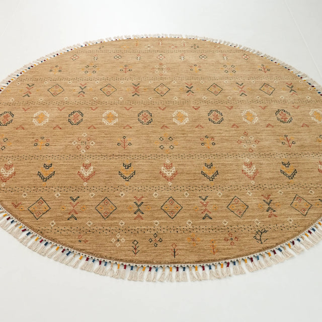 Urkum Serisi Otantik Desenli Bej Yün Tezgah Dokuma Yuvarlak Halı, 180x180 cm — Halıcızade