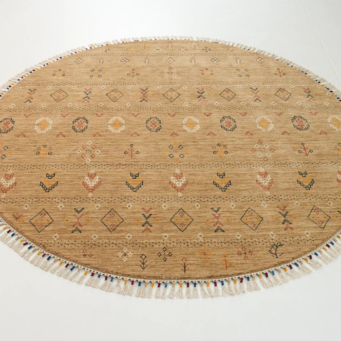 Urkum Serisi Otantik Desenli Bej Yün Tezgah Dokuma Yuvarlak Halı, 180x180 cm — Halıcızade