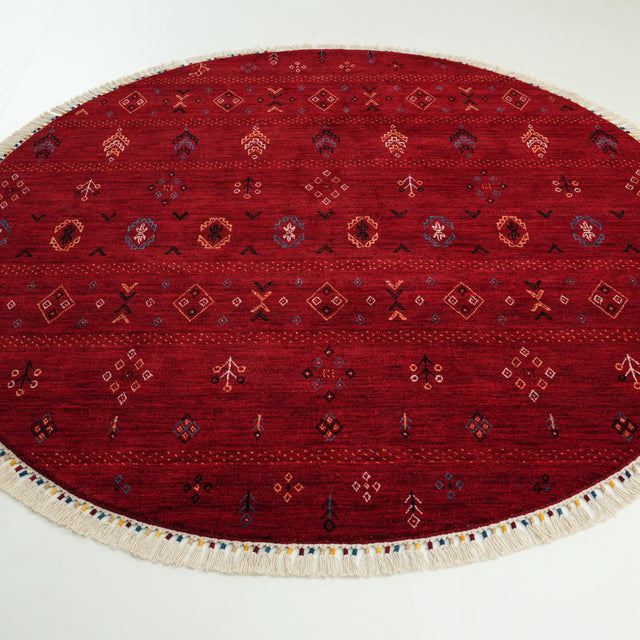 Urkum Serisi Otantik Desenli Kırmızı Yün Tezgah Dokuma Yuvarlak Halı, 180x180 cm — Halıcızade