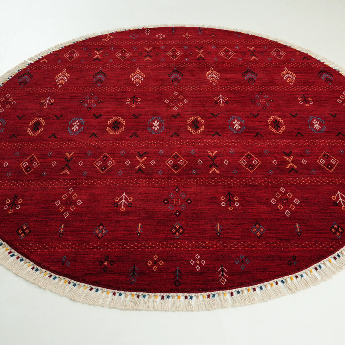 Urkum Serisi Otantik Desenli Kırmızı Yün Tezgah Dokuma Yuvarlak Halı, 180x180 cm — Halıcızade