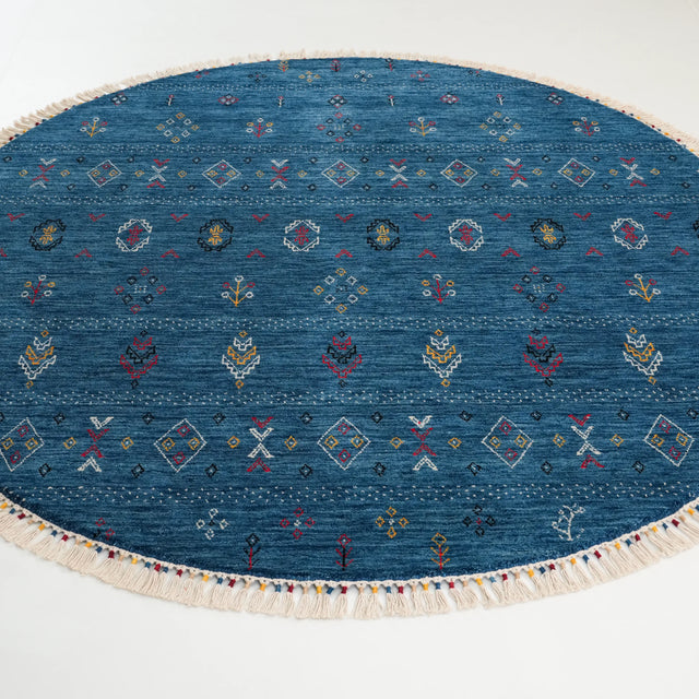Urkum Serisi Otantik Desenli Mavi Yün Tezgah Dokuma Yuvarlak Halı, 180x180 cm — Halıcızade