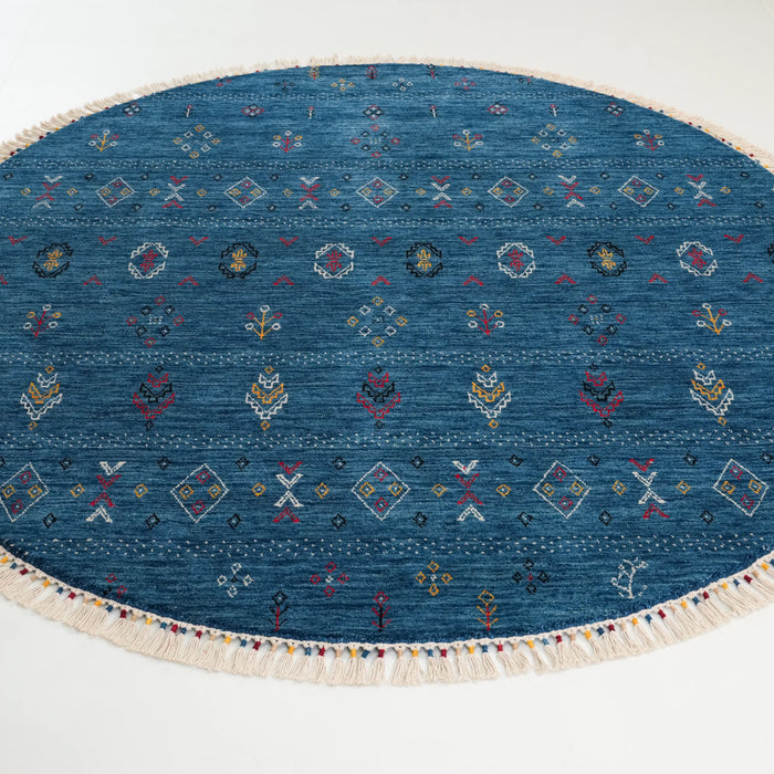 Urkum Serisi Otantik Desenli Mavi Yün Tezgah Dokuma Yuvarlak Halı, 180x180 cm — Halıcızade