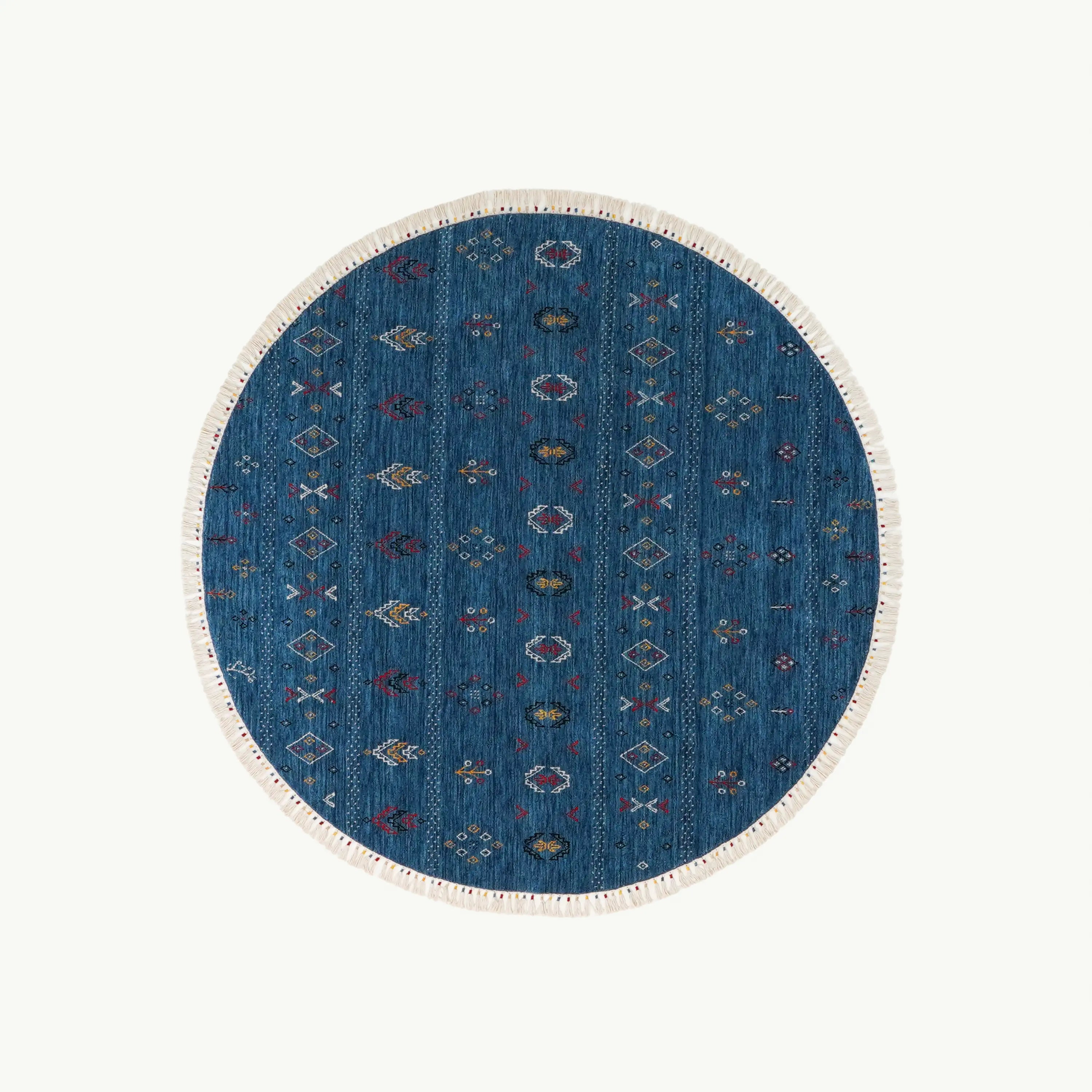 Urkum Serisi Otantik Desenli Mavi Yün Tezgah Dokuma Yuvarlak Halı