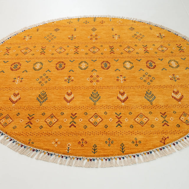 Urkum Serisi Otantik Desenli Sarı Yün Tezgah Dokuma Yuvarlak Halı, 180x180 cm — Halıcızade