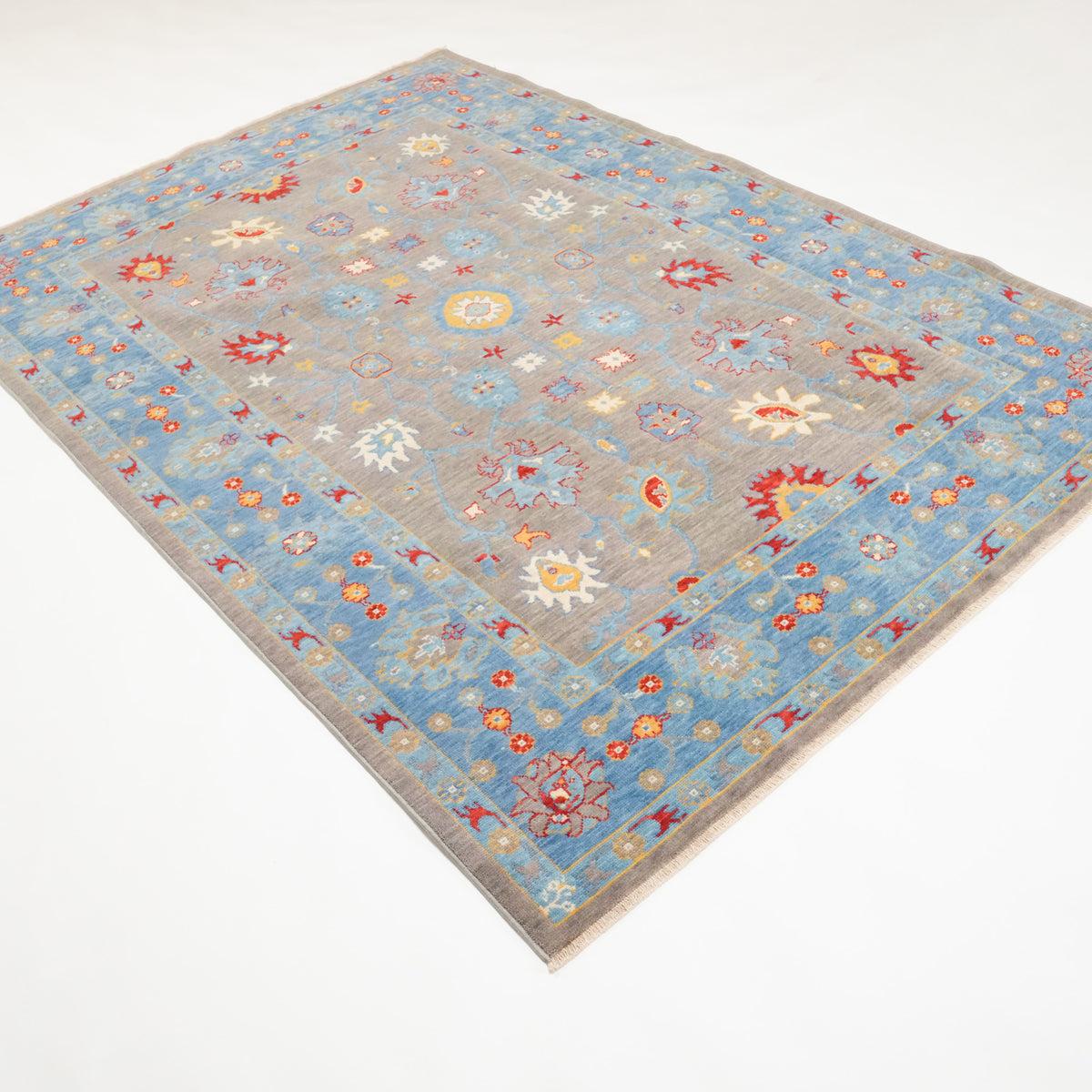 Tempus Serisi Uşak Desenli Mavi-Gri Yün Tezgah Dokuma Halı, 80x150 – 250x350 cm — Halıcızade