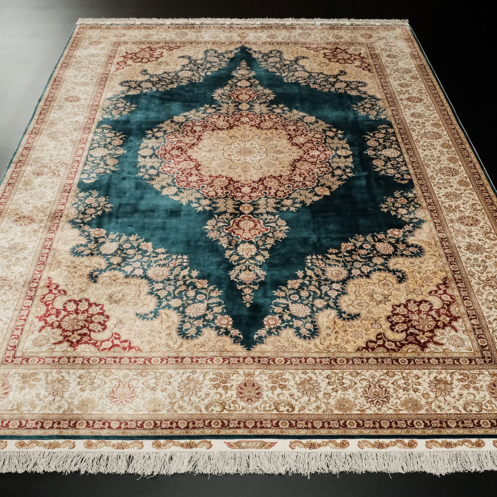 Uşak Medallion Patterned Classic Blue Hand-Woven Silk Classic Carpet