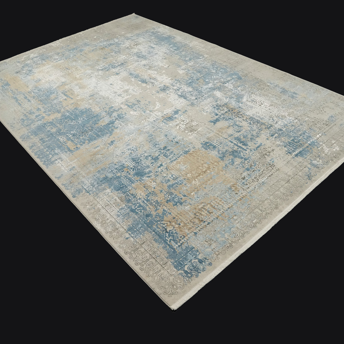 Vintage Desenli Gri/Mavi Viskon Halı, 120x180 – 300x400 cm — Halıcızade