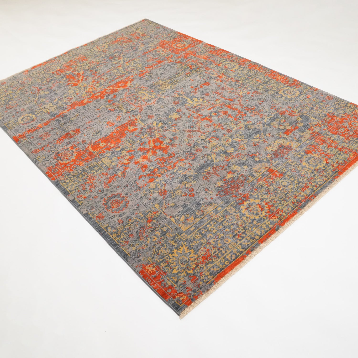Tempus Serisi Vintage Desenli Gri/Turuncu Yün Tezgah Dokuma Halı, 80x150 – 300x400 cm — Halıcızade