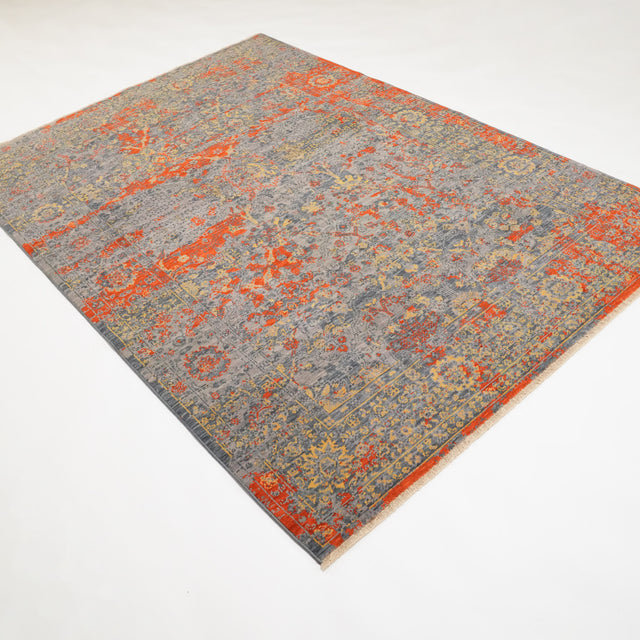 Tempus Serisi Vintage Desenli Gri/Turuncu Yün Tezgah Dokuma Halı, 80x150 – 300x400 cm — Halıcızade