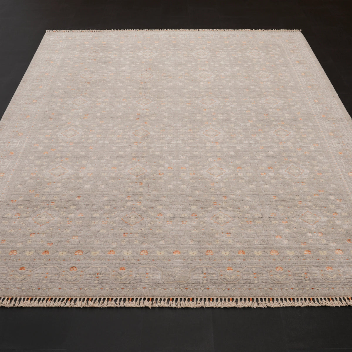 Zade Serisi Afgan Desenli Gri Tezgah Dokuma Doğal Halı — 200x290 cm