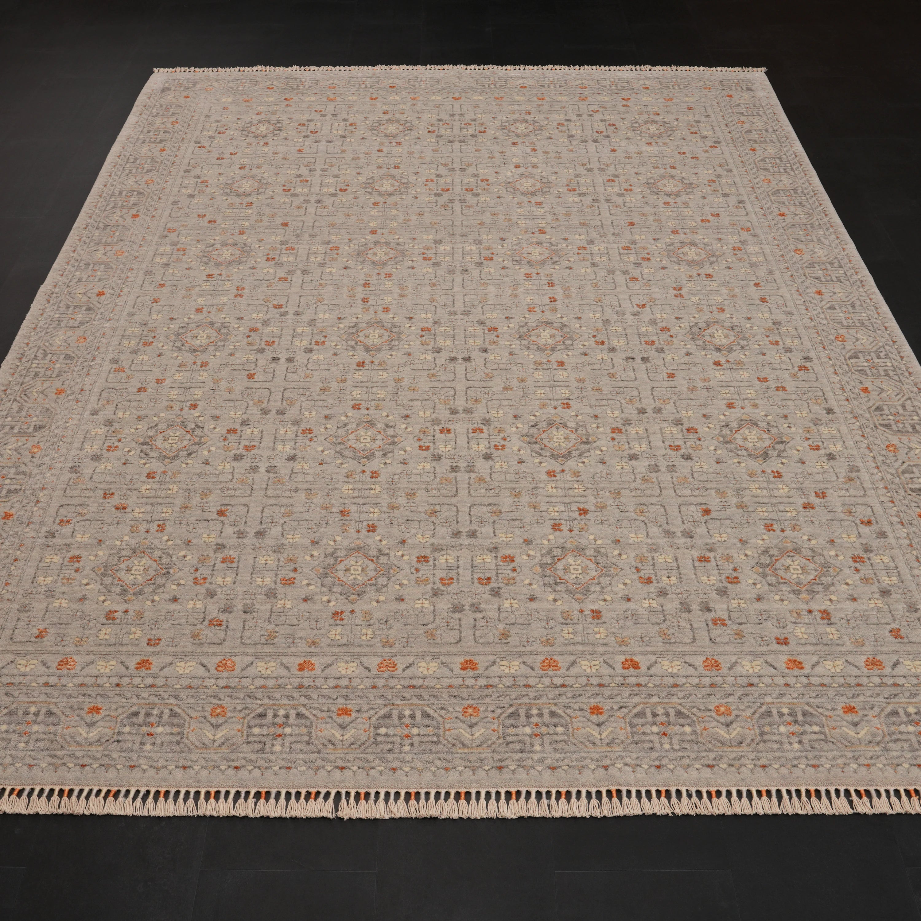 Zade Serisi Afgan Desenli Gri Tezgah Dokuma Doğal Halı