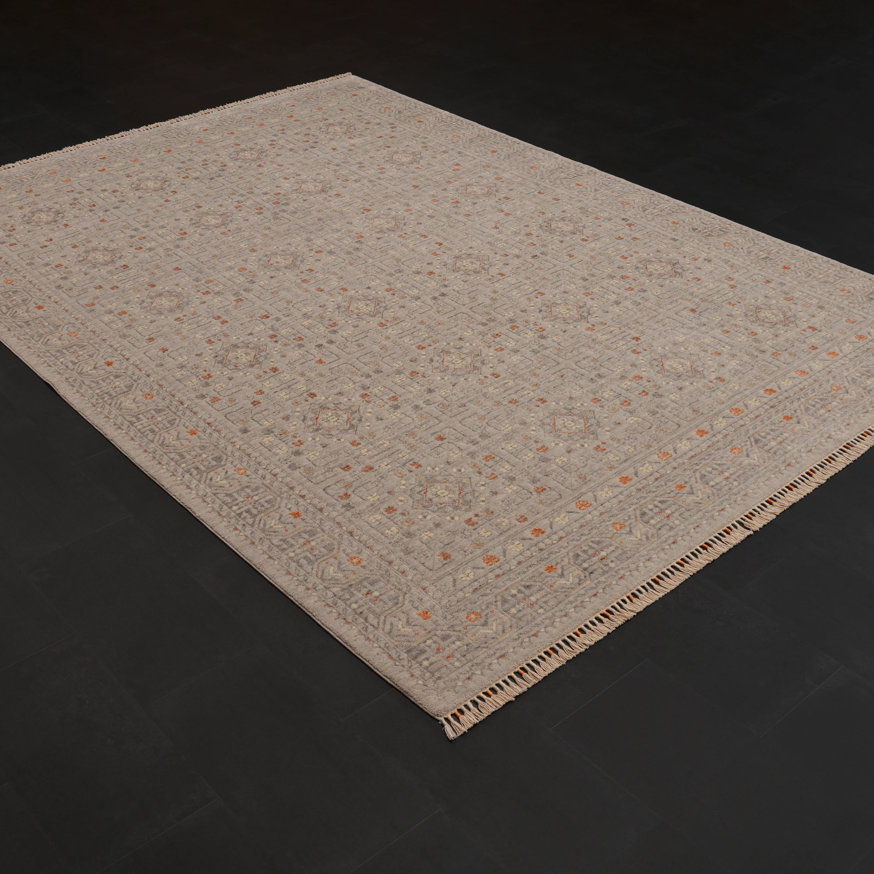 Zade Serisi Afgan Desenli Gri Tezgah Dokuma Doğal Halı