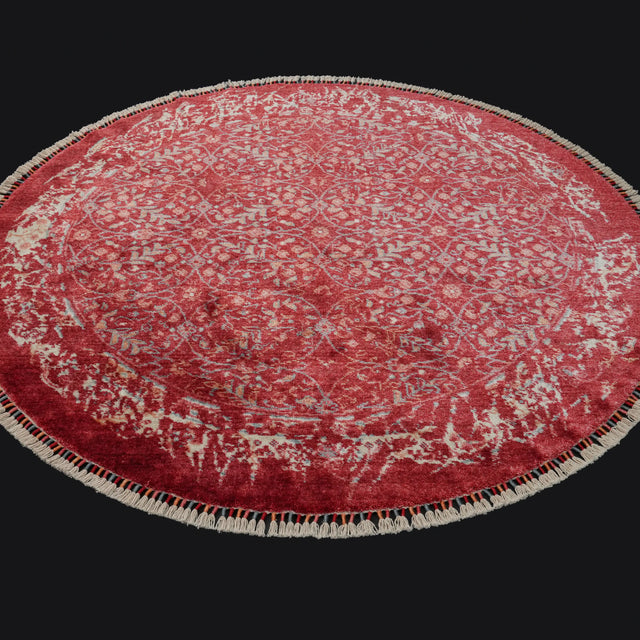 Zade Serisi Çiçek Desenli Kırmızı Tezgah Dokuma Doğal Yuvarlak Halı, 160x160 – 200x200 cm — Halıcızade