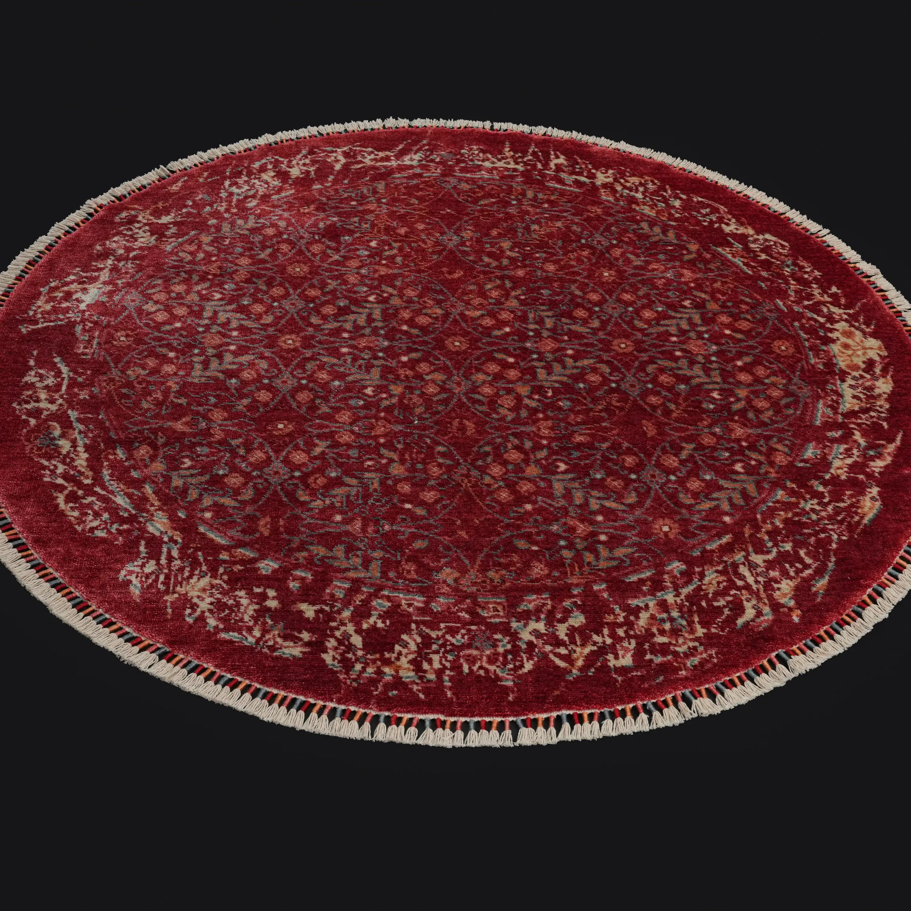 Zade Serisi Çiçek Desenli Kırmızı Tezgah Dokuma Doğal Yuvarlak Halı