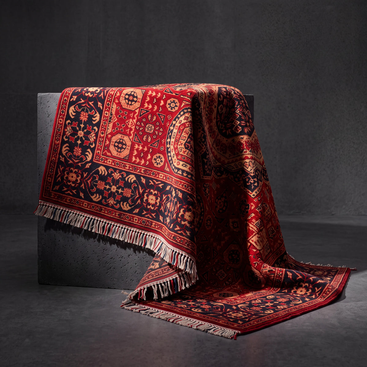 Zade Series Mamluk-pattern rug — draped over a concrete block in a dark studio