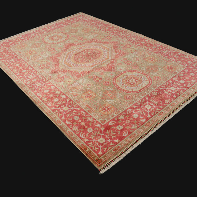 Zade Serisi Memlük Desenli Kırmızı Yeşil Tezgah Dokuma Doğal Halı, 200x290 cm — Halıcızade