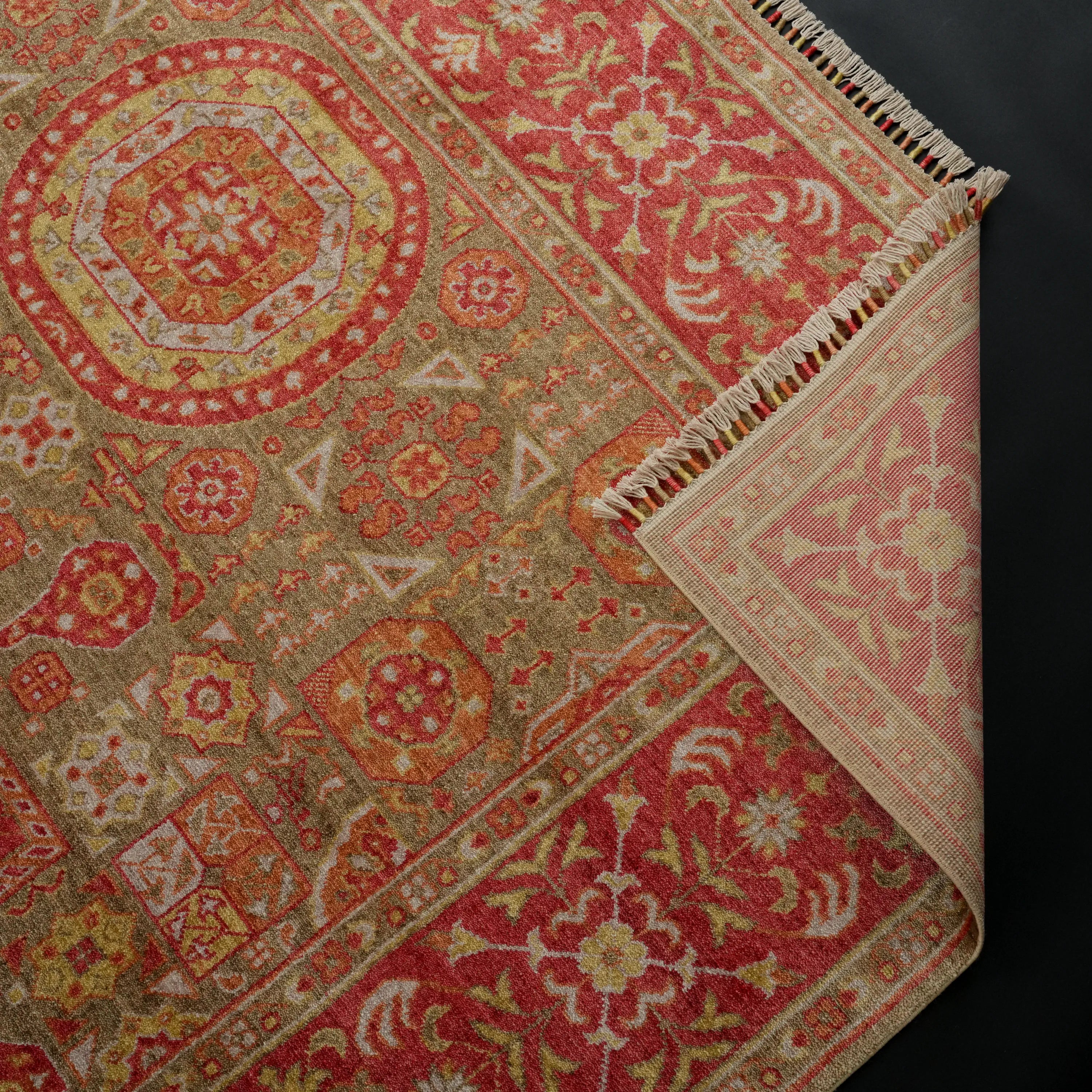 Zade Serisi Memlük Desenli Kırmızı Yeşil Tezgah Dokuma Doğal Halı