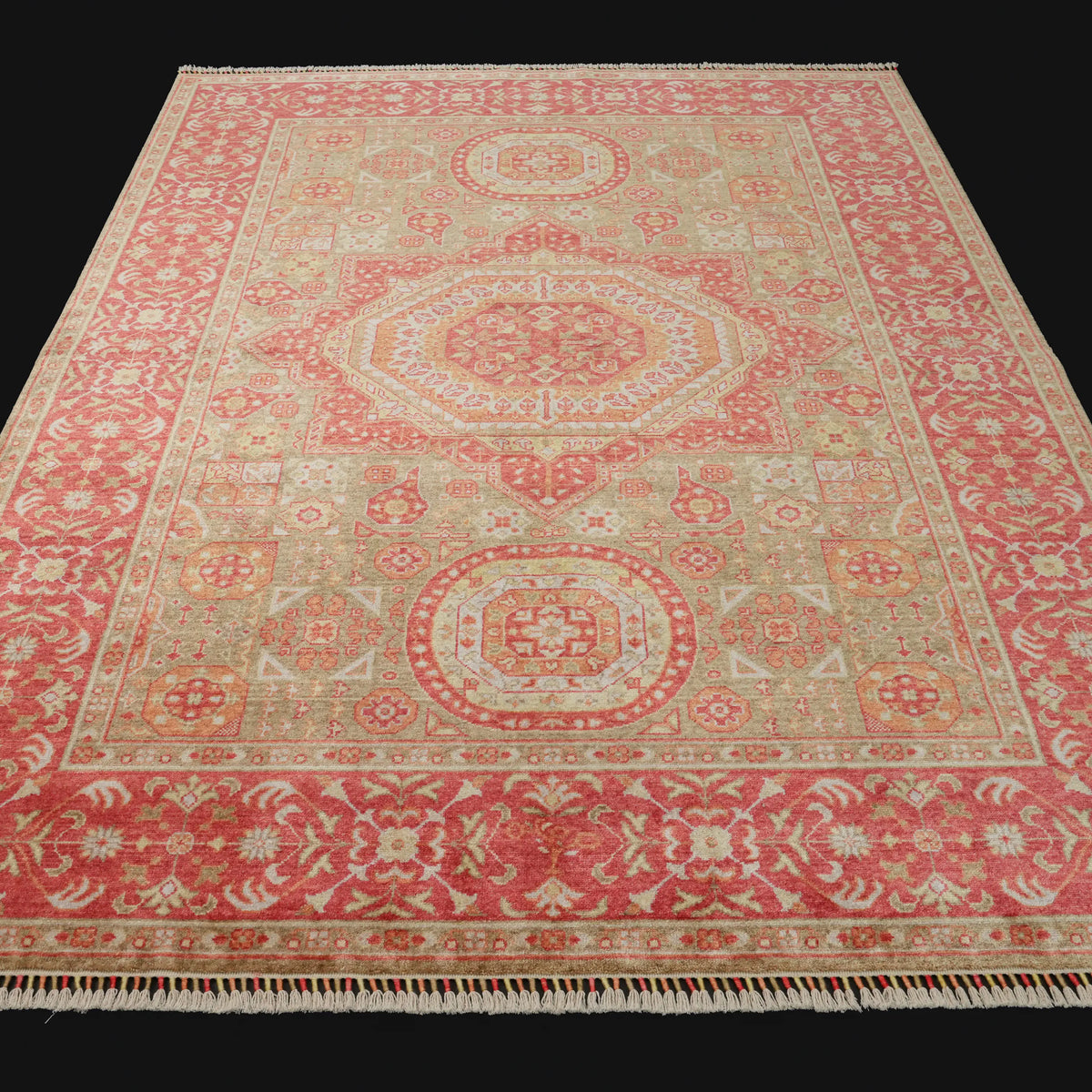 Zade Serisi Memlük Desenli Kırmızı Yeşil Tezgah Dokuma Doğal Halı — 200x290 cm