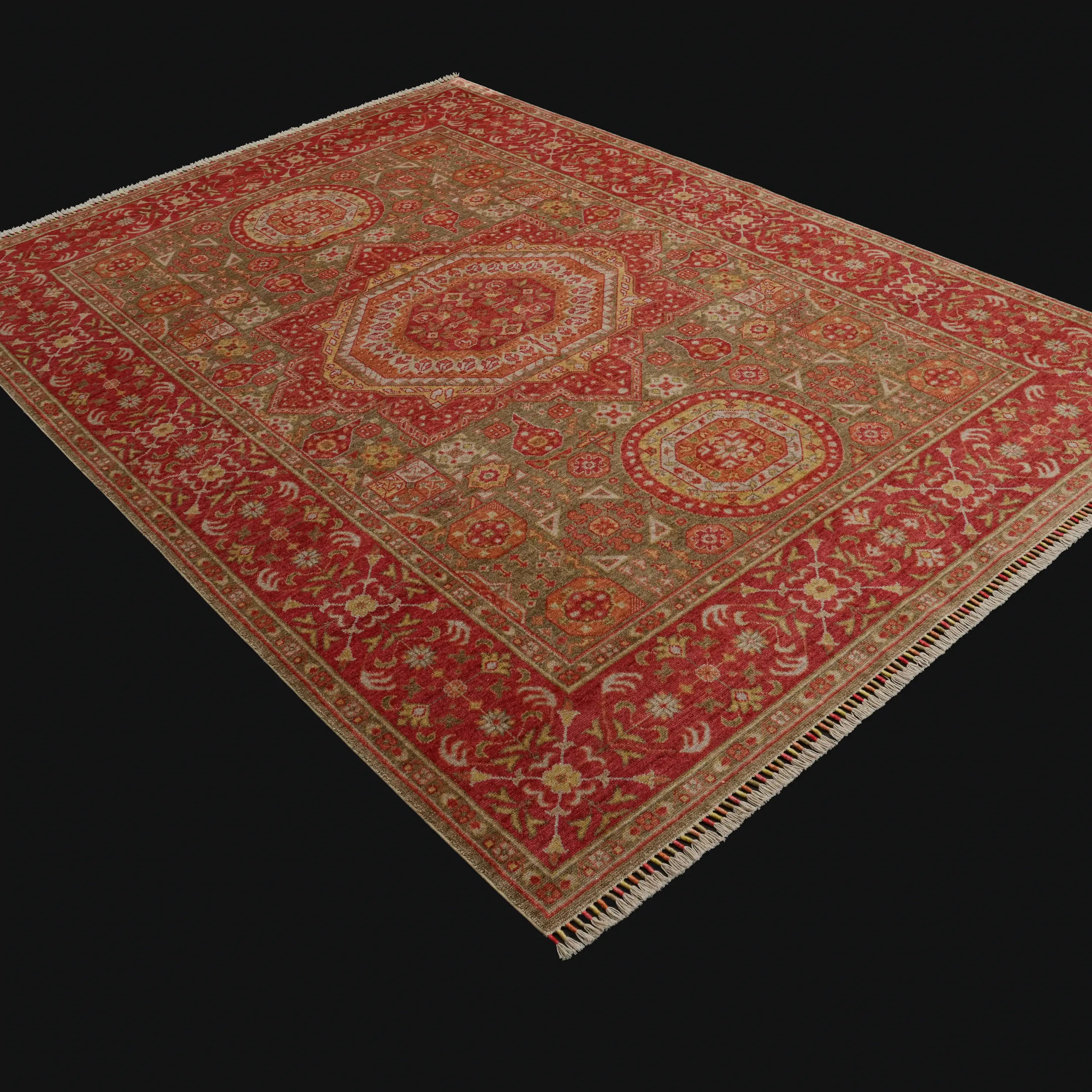 Zade Serisi Memlük Desenli Kırmızı Yeşil Tezgah Dokuma Doğal Halı